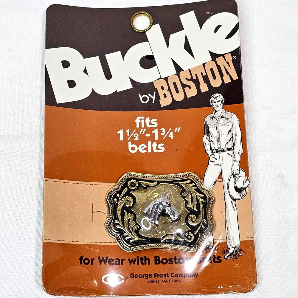 Vintage Buckle by Boston Horse Head Western Belt Buckle Gold Silver Tone NOS